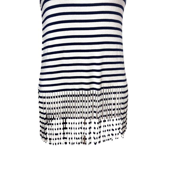 Everly Tank Top Striped Pattern Sleeveless Scoop Neck Fringe Hem White Blue XS - Picture 3 of 8
